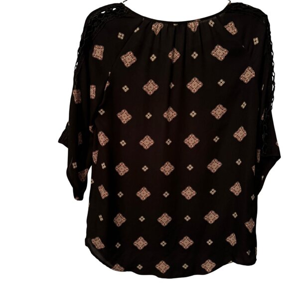 Roz & Ali Black Patterned Blouse Sz L 3/4 Sleeve Tie Neck women top - Picture 11 of 11